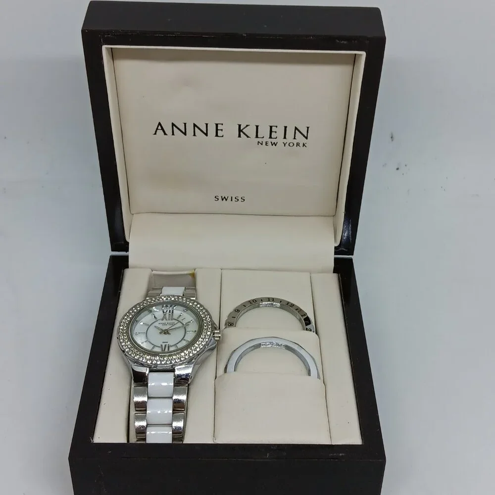 Anne Klein 12/2141 Women's 35mm Silver Tone White Ceramic Changeable Bezel Watch